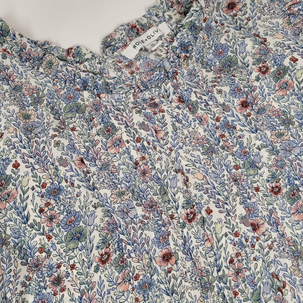 Rose + Olive Blouse Womens 1X Multicolor Excellent Floral Ruffle Pleated Top